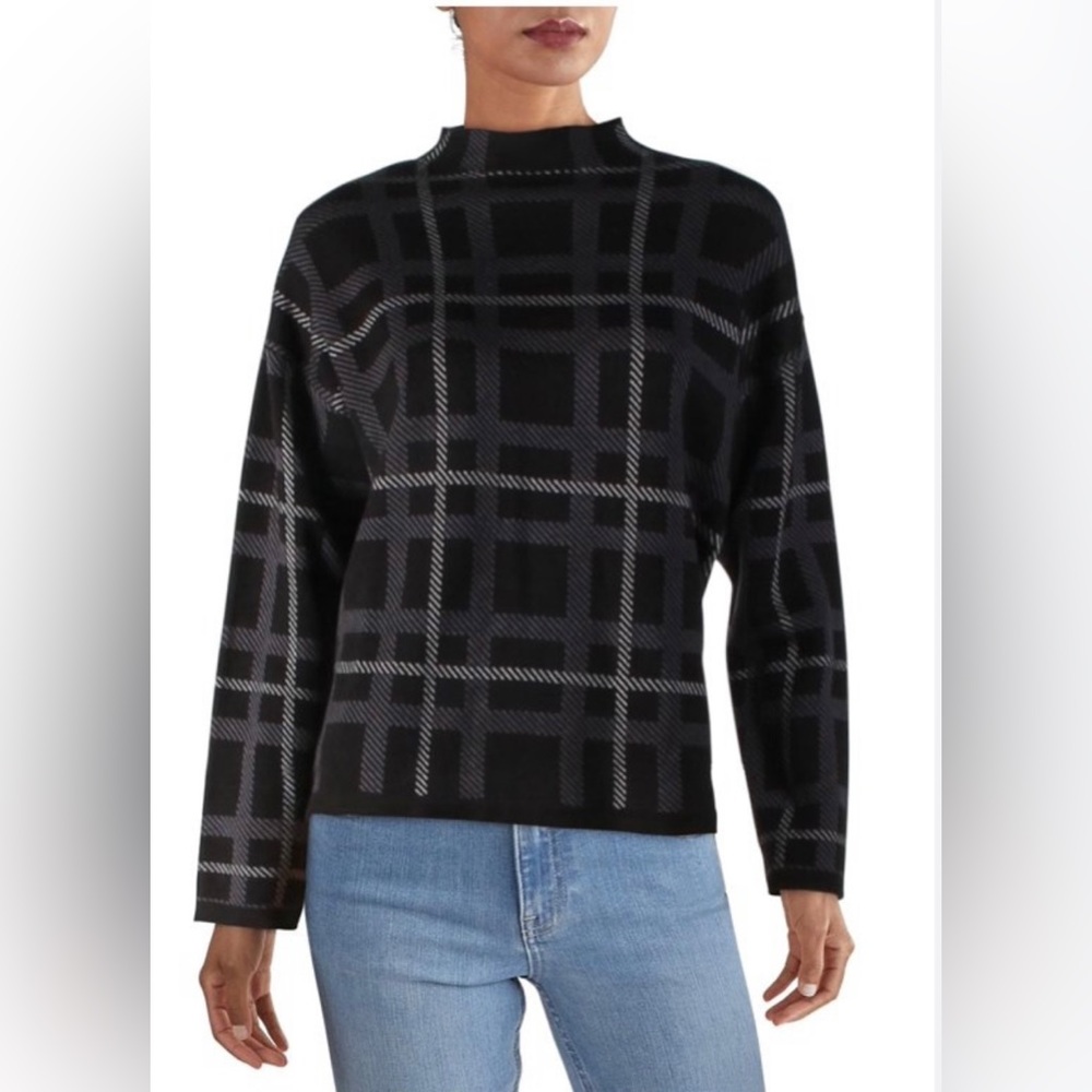 HUNTER GREEN & BLACK Ann Klein Mock Neck Plaid Sweater